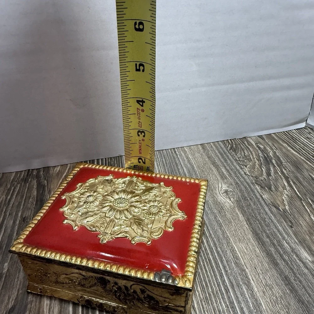 VTG Brass Trinket Box Red With Gold Tone Flowers With Red‎ Velvet Lining Ornate
